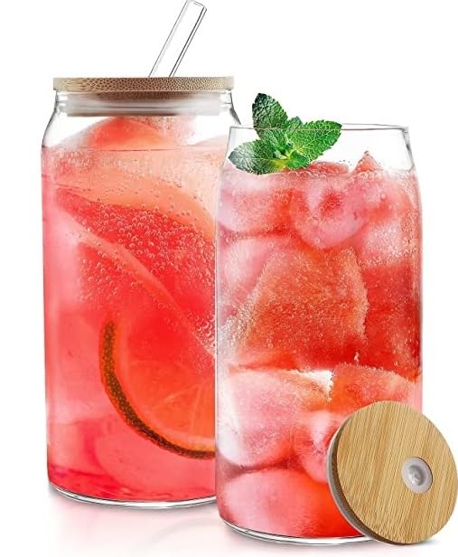 Beer Can Shape Drinking Glasses Tumbler with Airtight Wooden Lid and Straw 500 ml