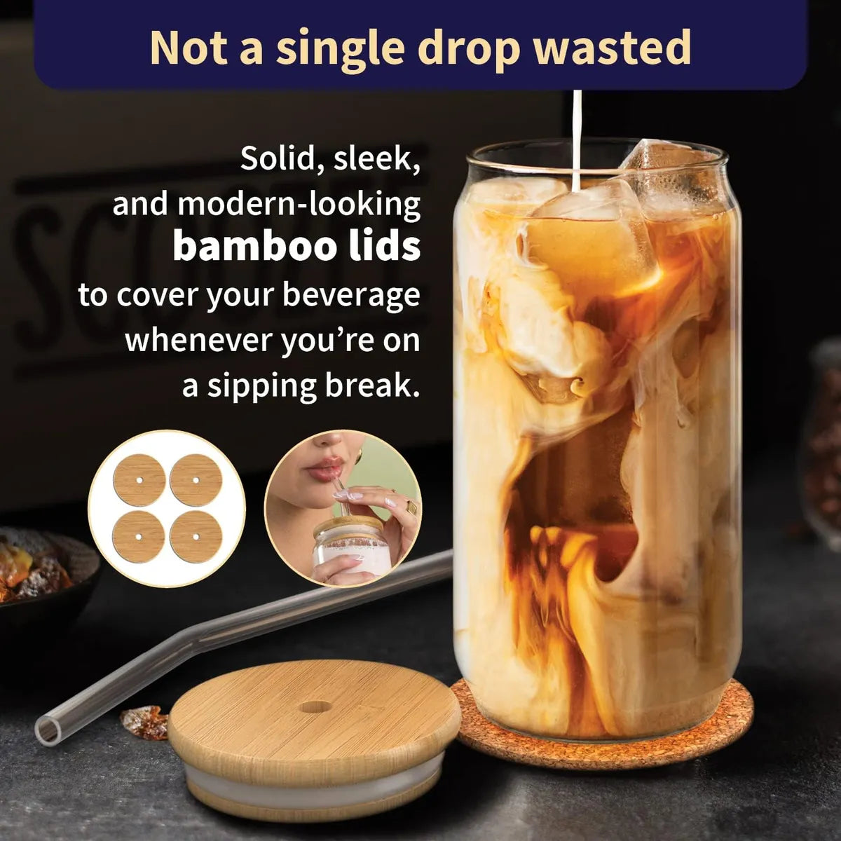 Beer Can Shape Drinking Glasses Tumbler with Airtight Wooden Lid and Straw 500 ml