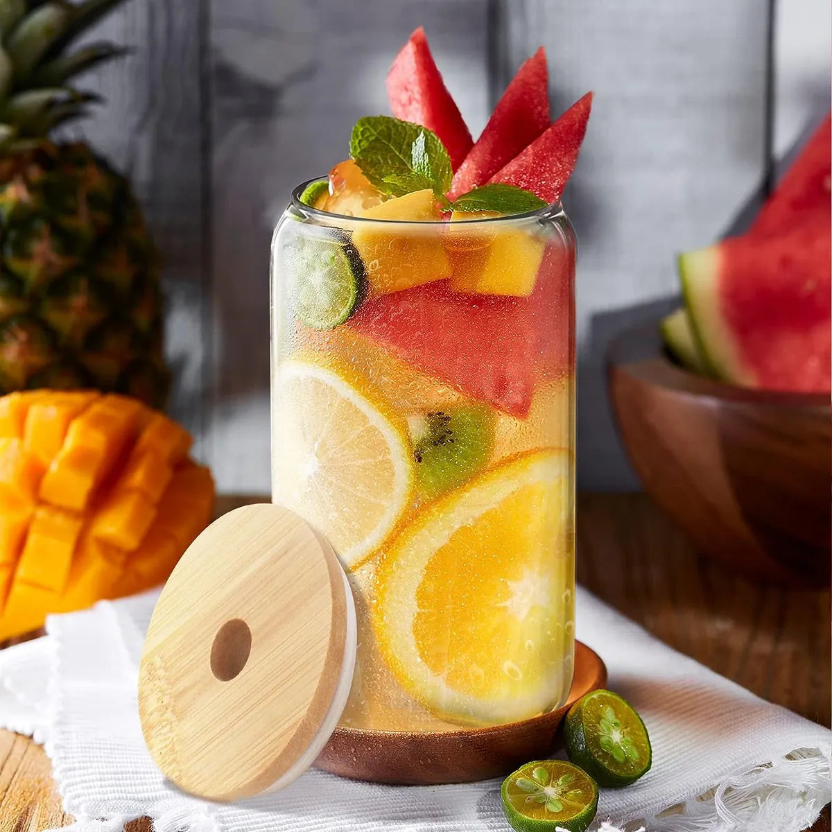 Beer Can Shape Drinking Glasses Tumbler with Airtight Wooden Lid and Straw 500 ml