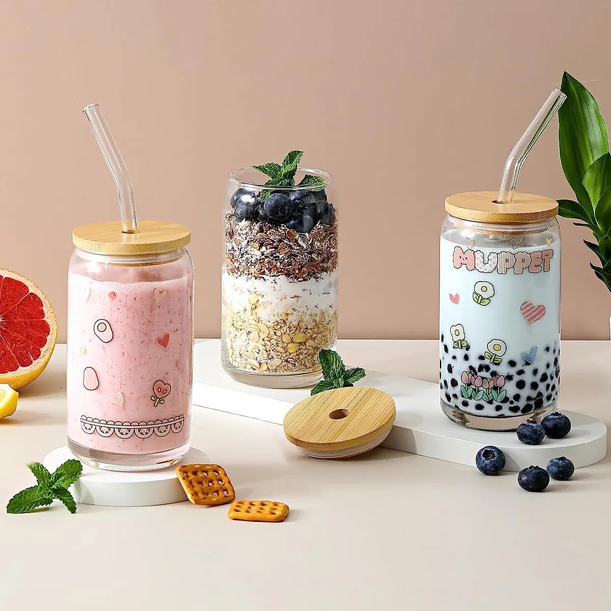 Beer Can Shape Drinking Glasses Tumbler with Airtight Wooden Lid and Straw 500 ml