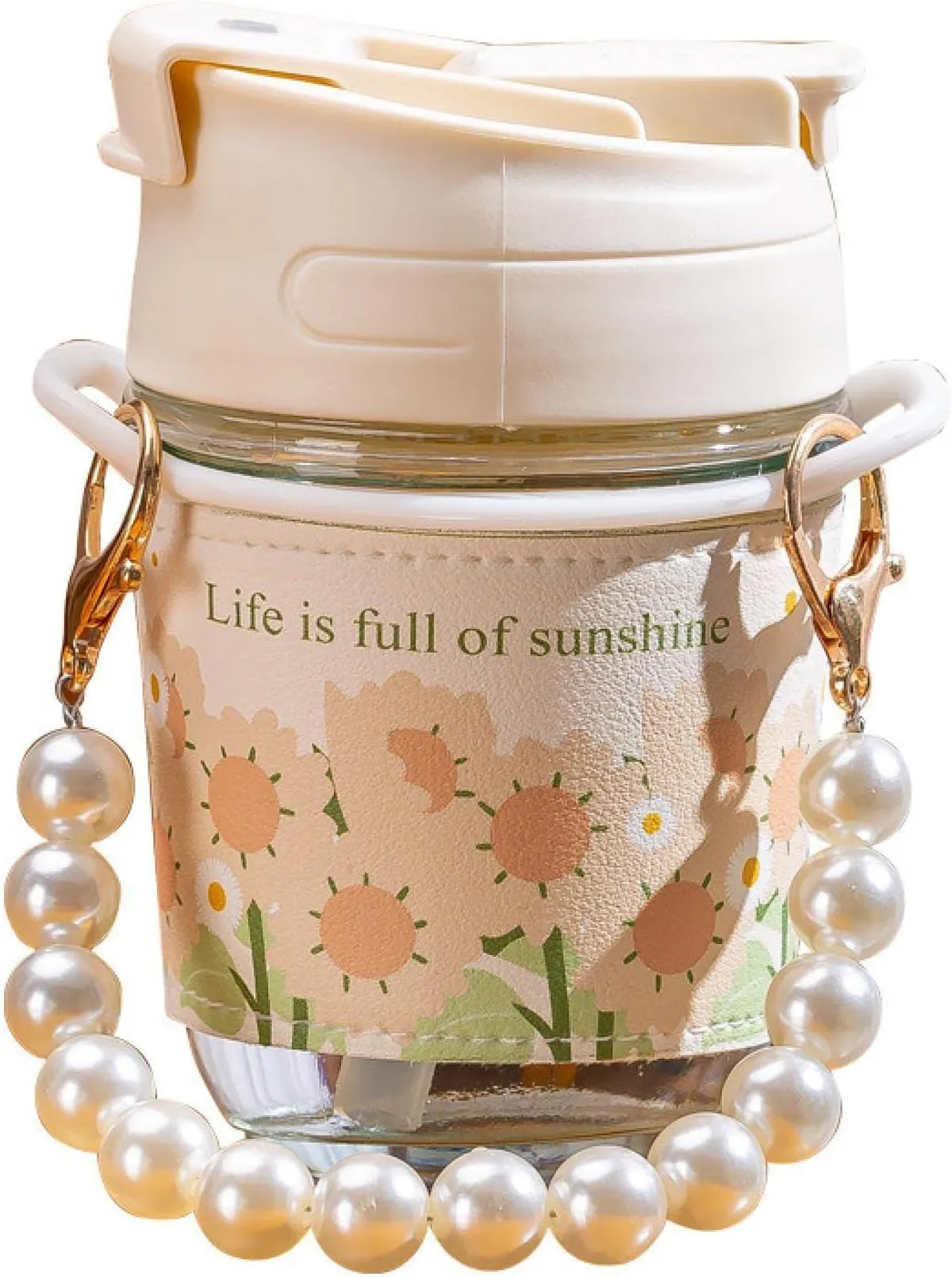 Glass Coffee Mugs with Pearl Chain Belt and Reuable Coffee Mug Travel Sipper