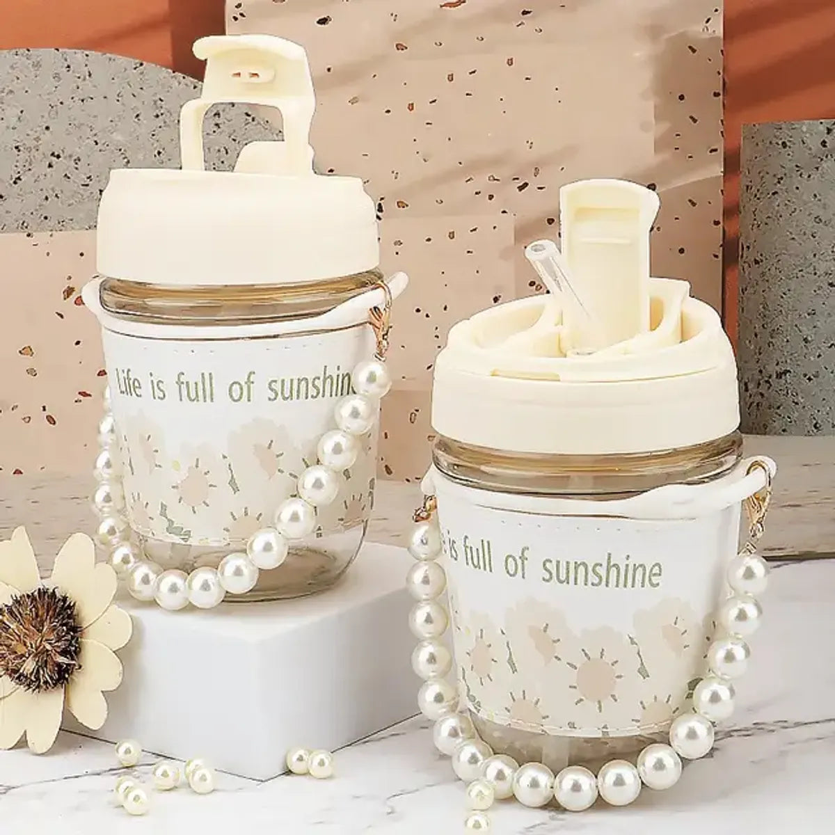 Glass Coffee Mugs with Pearl Chain Belt and Reuable Coffee Mug Travel Sipper
