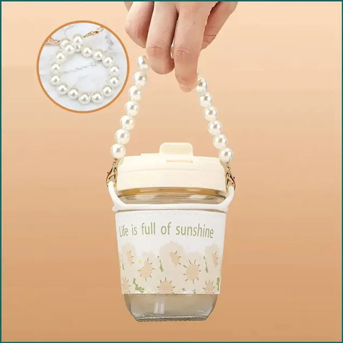 Glass Coffee Mugs with Pearl Chain Belt and Reuable Coffee Mug Travel Sipper