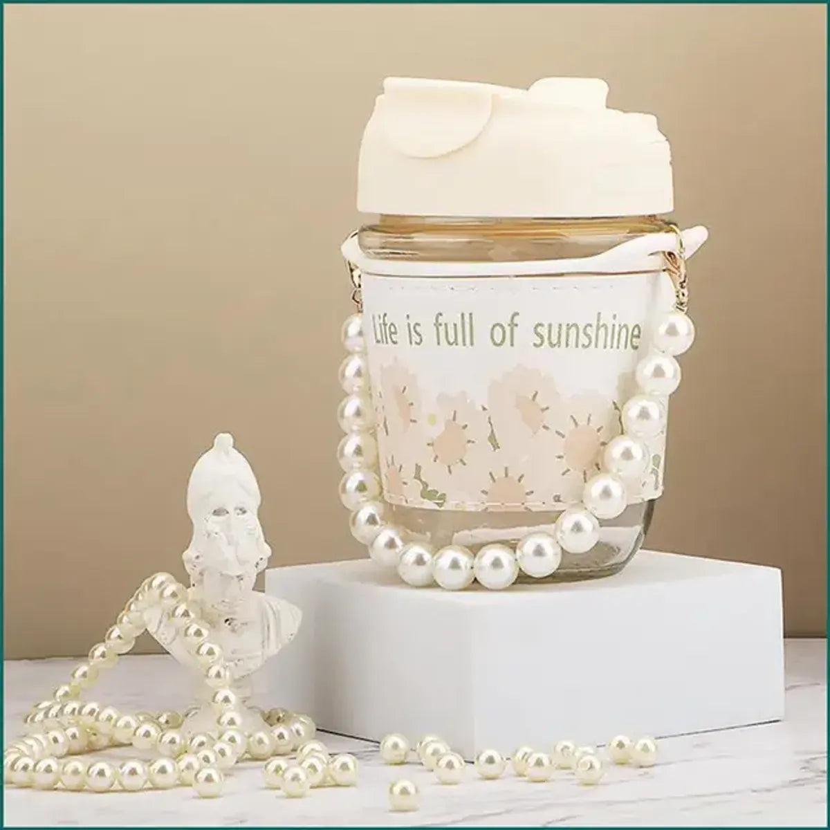 Glass Coffee Mugs with Pearl Chain Belt and Reuable Coffee Mug Travel Sipper