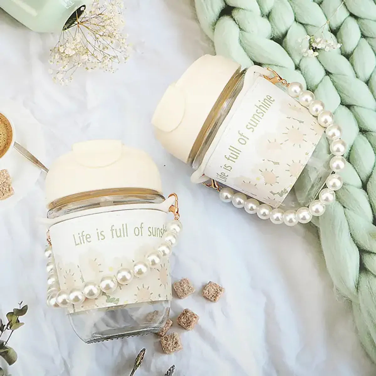 Glass Coffee Mugs with Pearl Chain Belt and Reuable Coffee Mug Travel Sipper