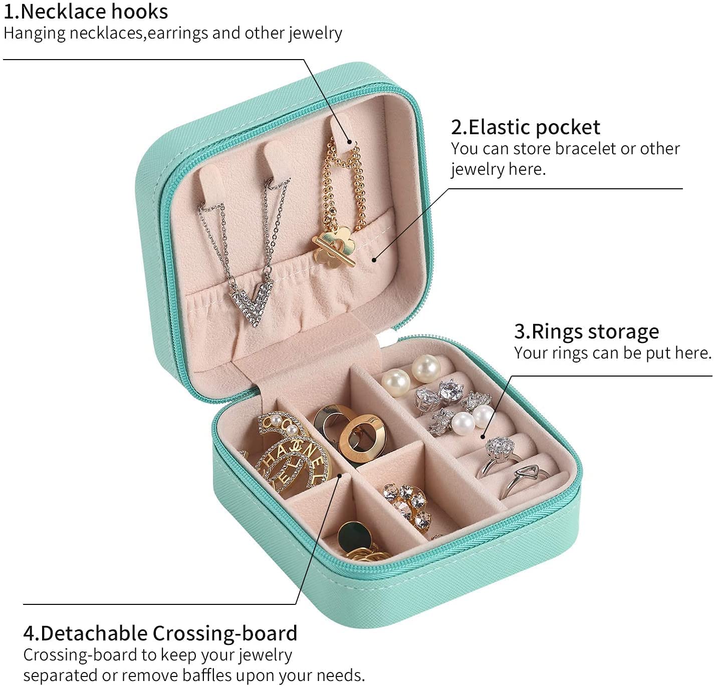 Jewellery Organiser PU Leather Zipper Portable Storage Box Case with Dividers Container for Rings, Earrings, Necklace Home Organizer (Style 1)