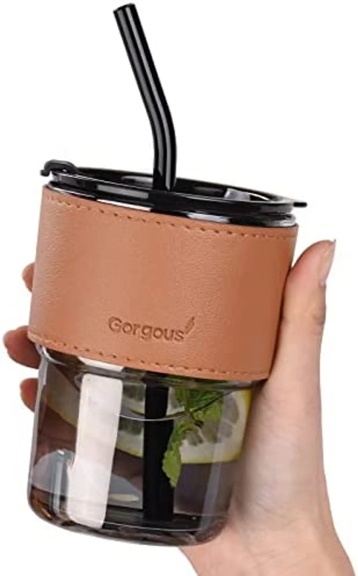 Leather Grip Coffee Tumbler with Glass Straw | Sipper with Lid Anti - Leak Proof for Hot & Cold Beverages