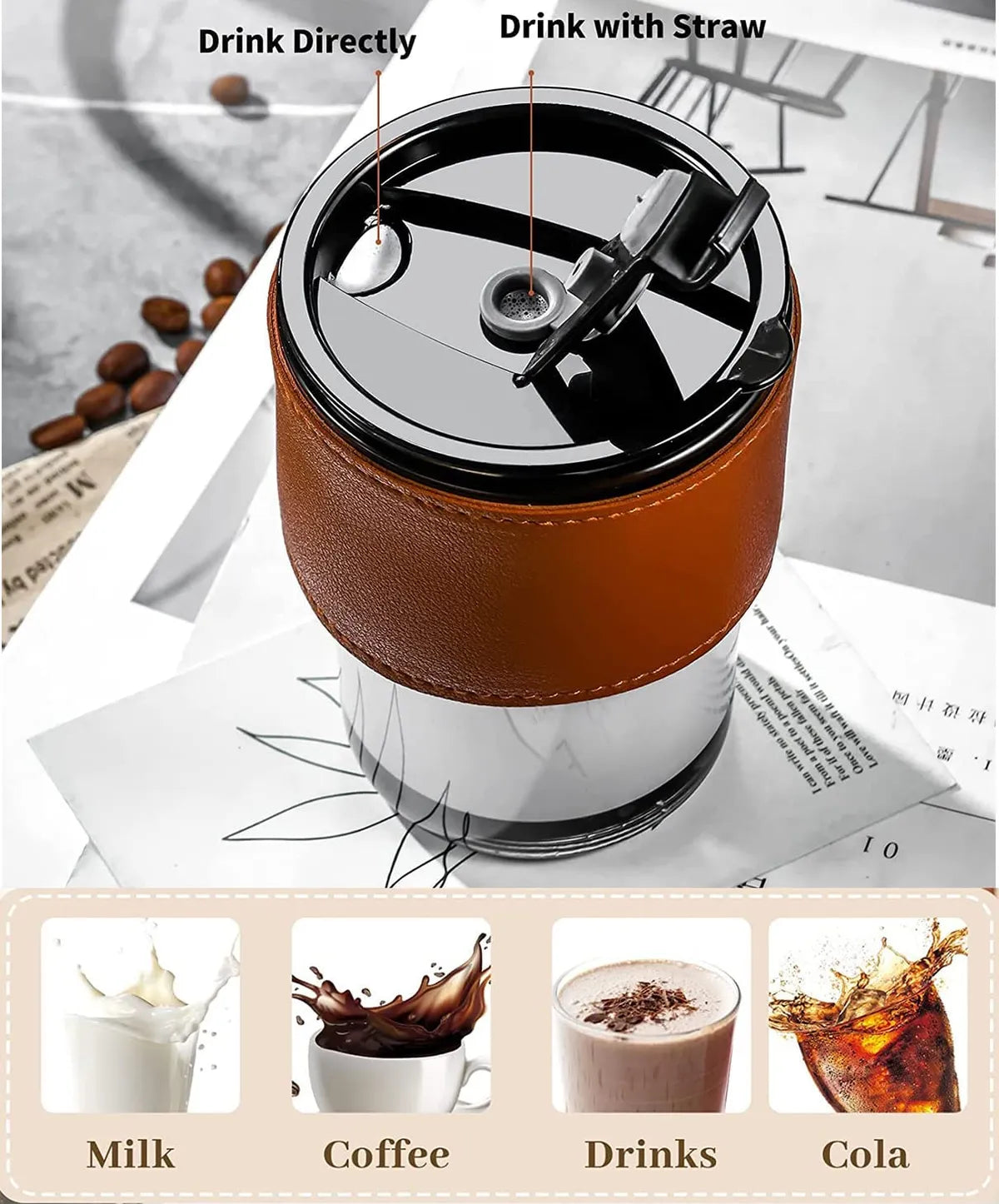 Leather Grip Coffee Tumbler with Glass Straw | Sipper with Lid Anti - Leak Proof for Hot & Cold Beverages