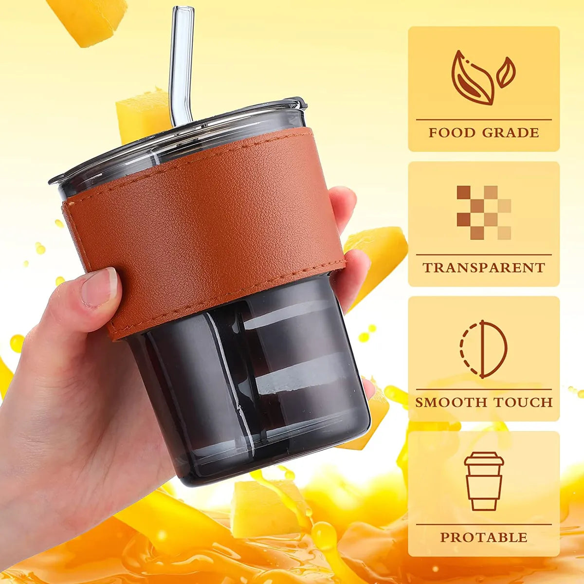Leather Grip Coffee Tumbler with Glass Straw | Sipper with Lid Anti - Leak Proof for Hot & Cold Beverages
