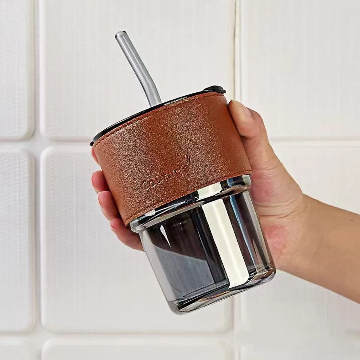Leather Grip Coffee Tumbler with Glass Straw | Sipper with Lid Anti - Leak Proof for Hot & Cold Beverages